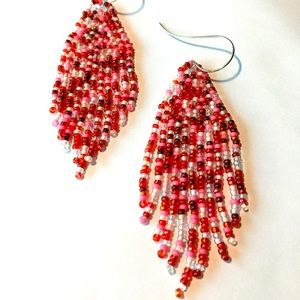 Handmade Red and pink seed beaded fringe earrings